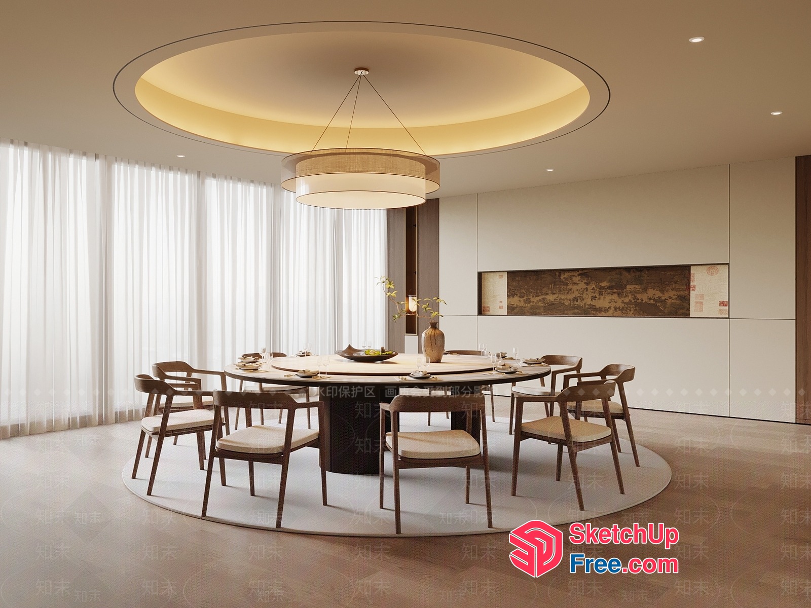 Modern Round Dining Room With Circular Chandelier And Table 3D SketchUp File