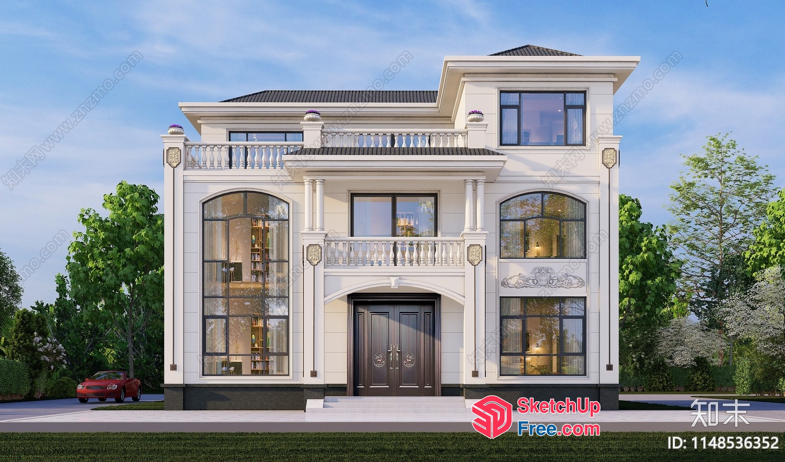 Elegant White Villa With Black Roof And Ornate Details 3D SketchUp File