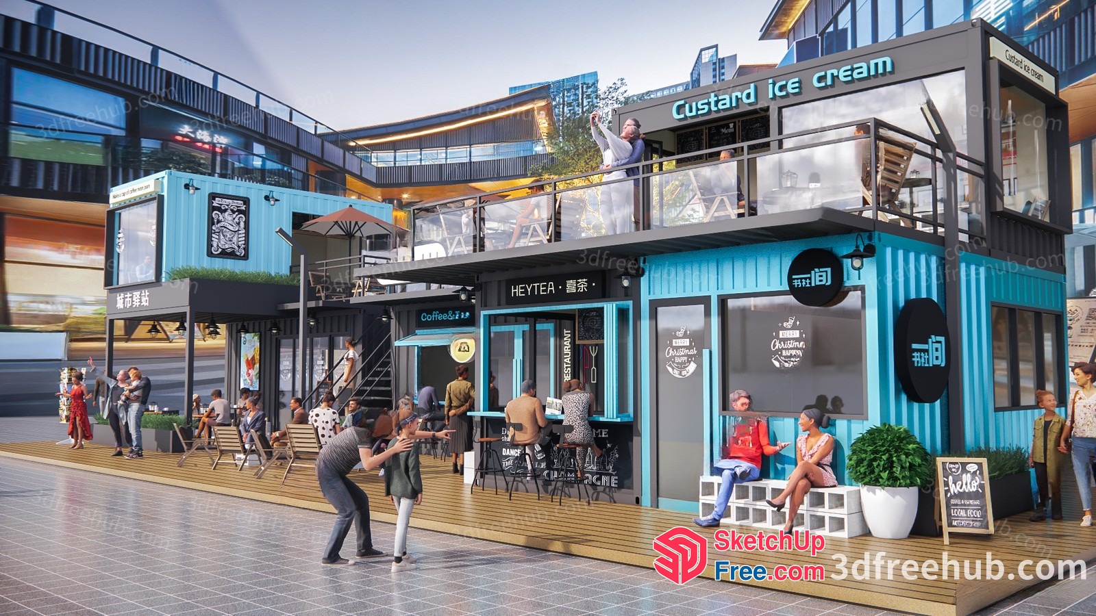 Modern Street Scene With Unique Buildings And People 3D SketchUp File
