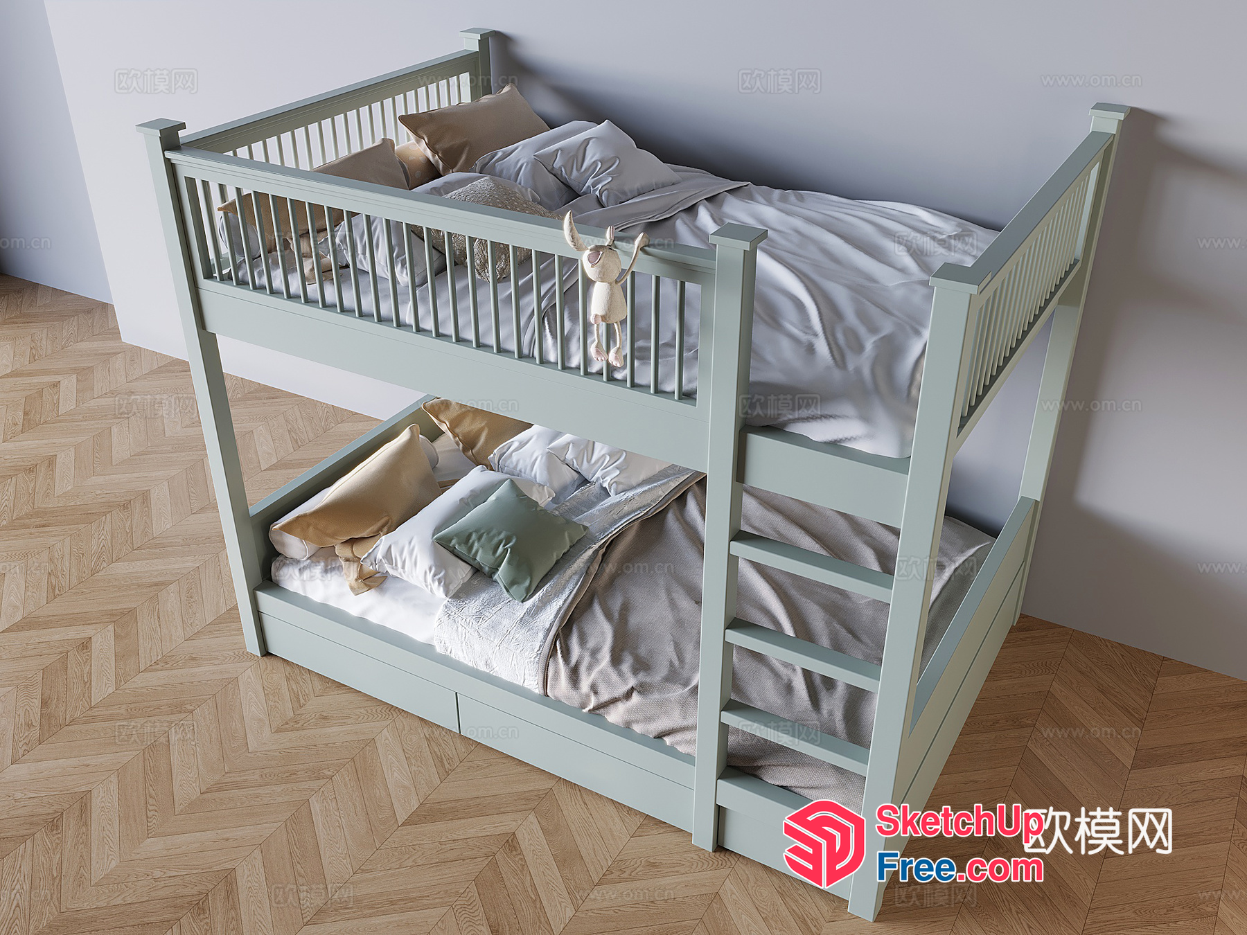 Modern Light Green Bunk Bed With Storage 3D SketchUp File
