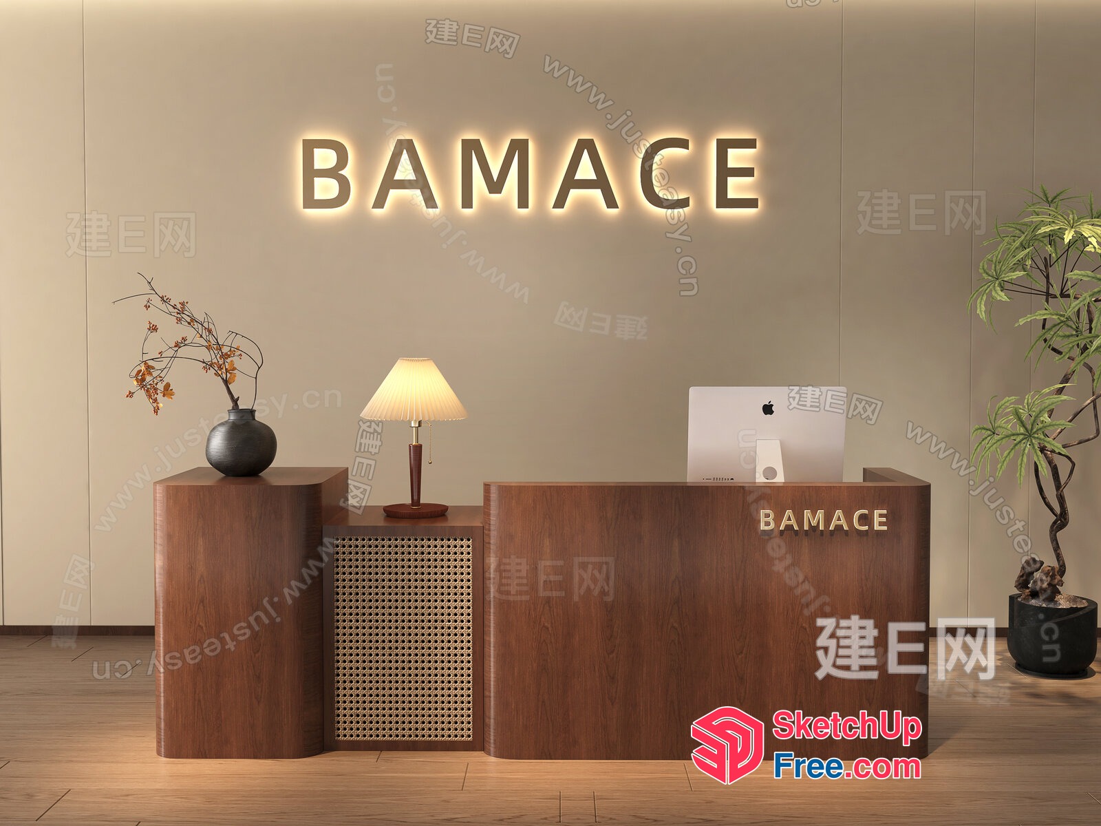 Modern Reception Desk With Apple Computer And Plants 3D SketchUp File