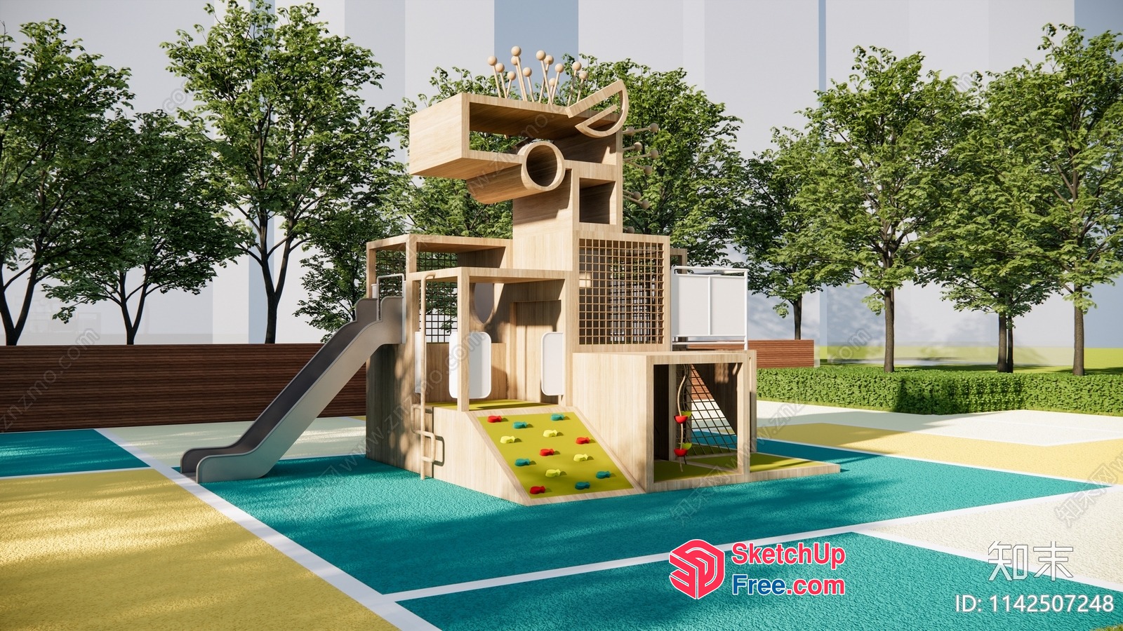Modern Playground With Vibrant Colors And Unique Climbing Structures 3D SketchUp File