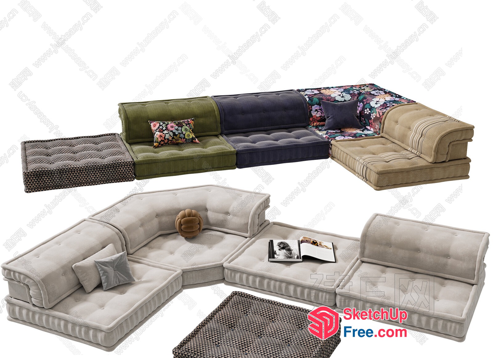 Luxurious L-Shaped Sofa With Floral And Striped Patterns 3D SketchUp File