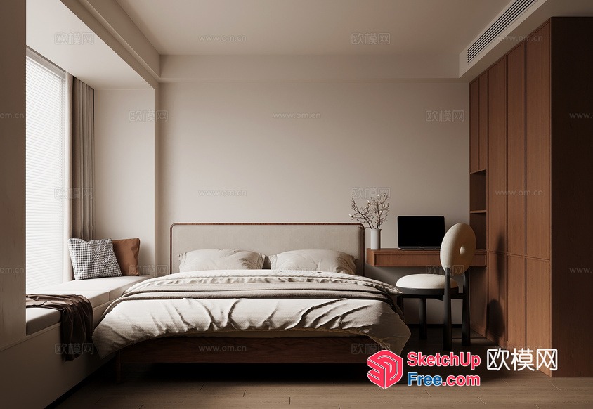 Minimalist Japanese-Style Bedroom With Natural Wood Accents 3D SketchUp File