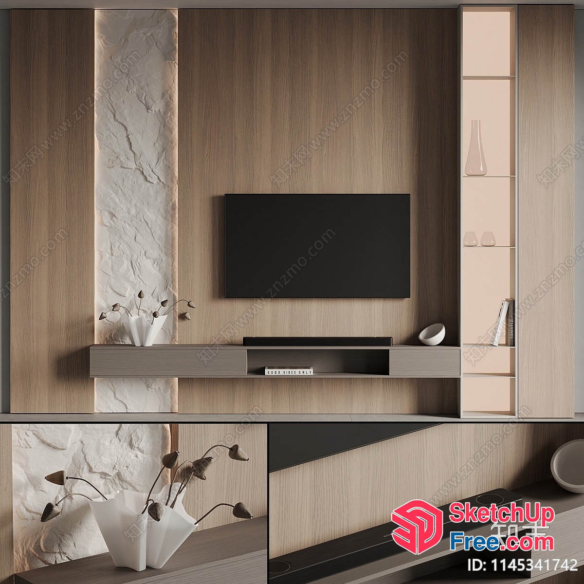 Modern Minimalist Living Room With Wood Paneling And Decorative Shelves 3D SketchUp File