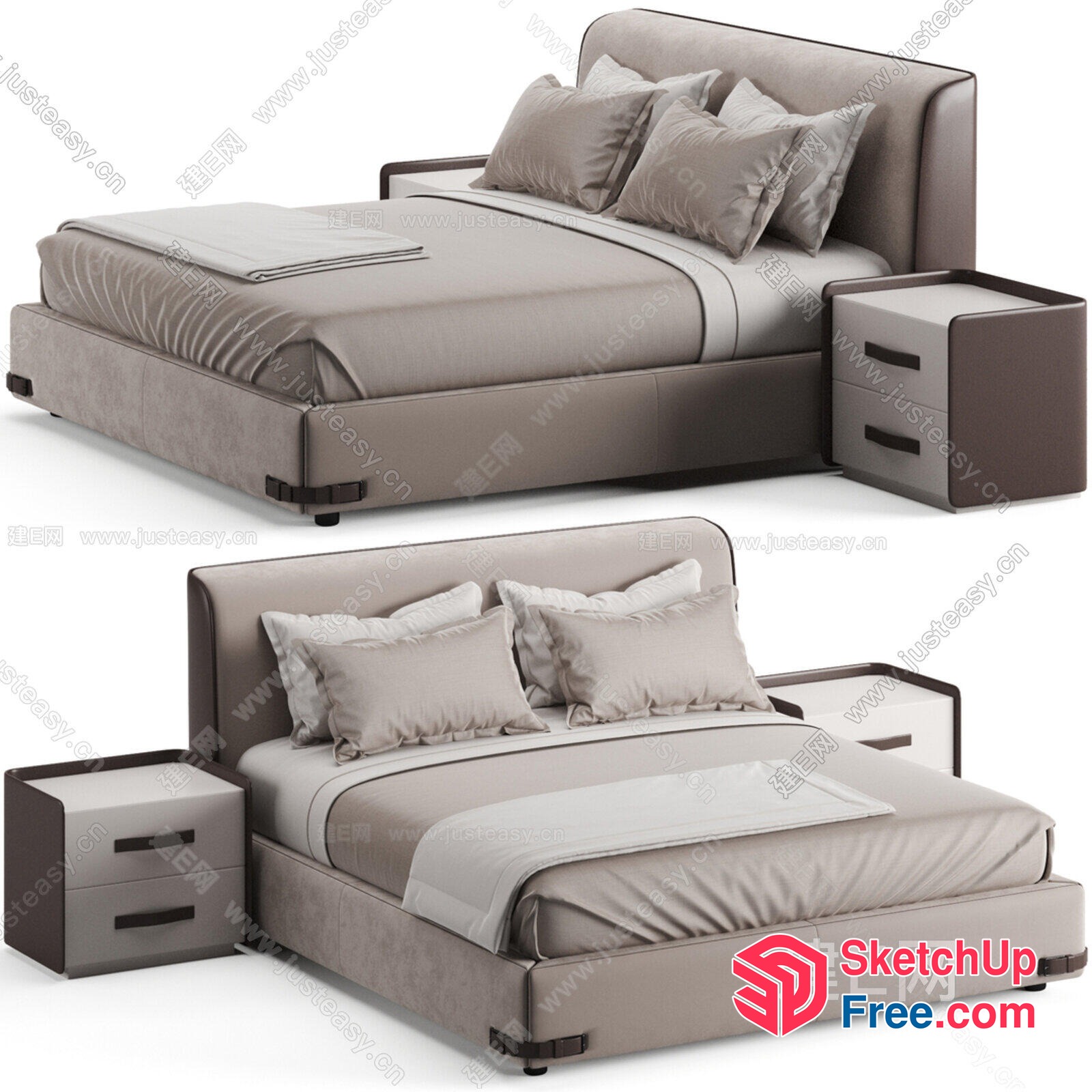 Modern Grey Bed And Nightstand Set 3D SketchUp File