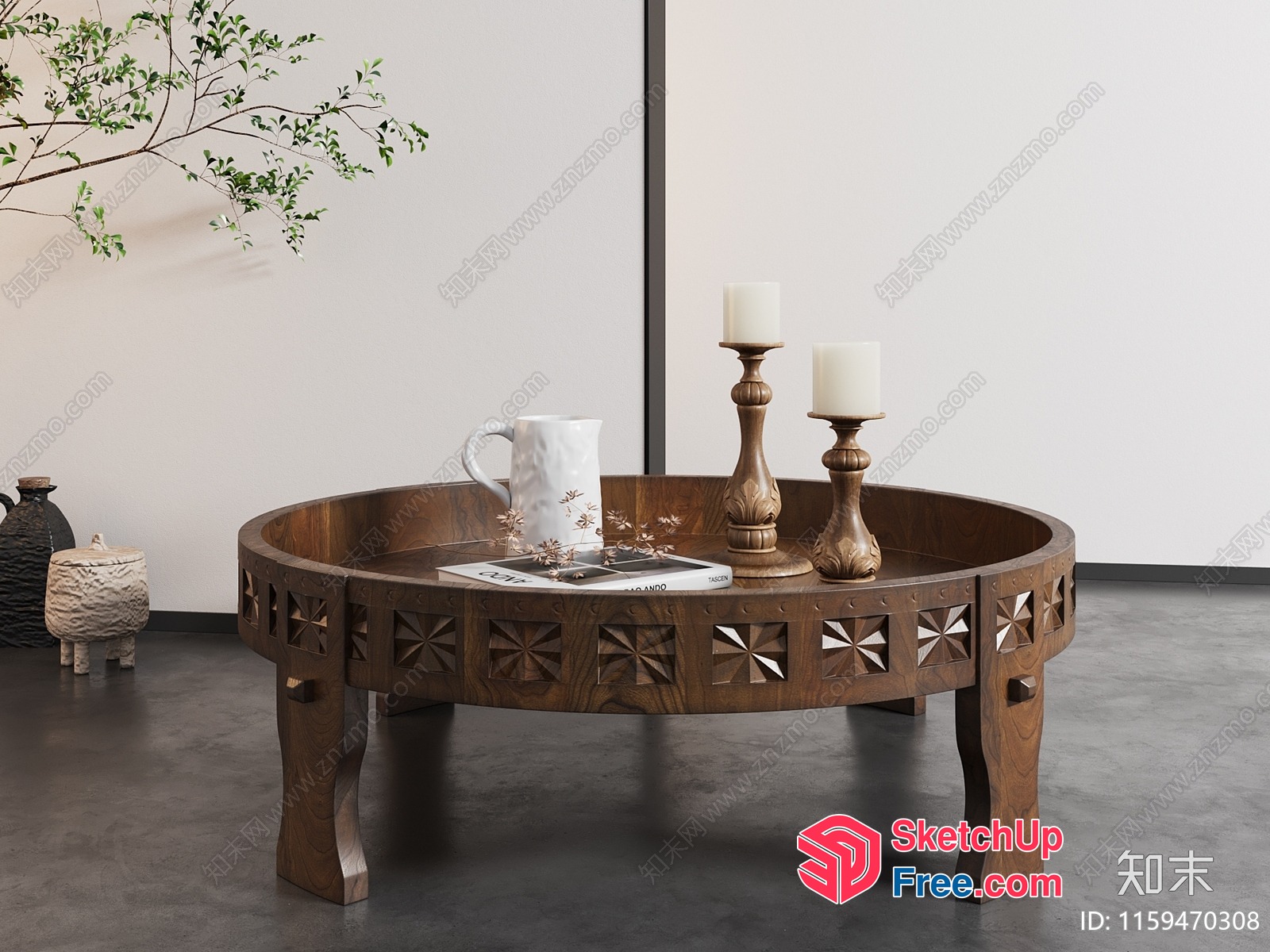 Elegant Round Wooden Coffee Table With Intricate Carvings 3D SketchUp File