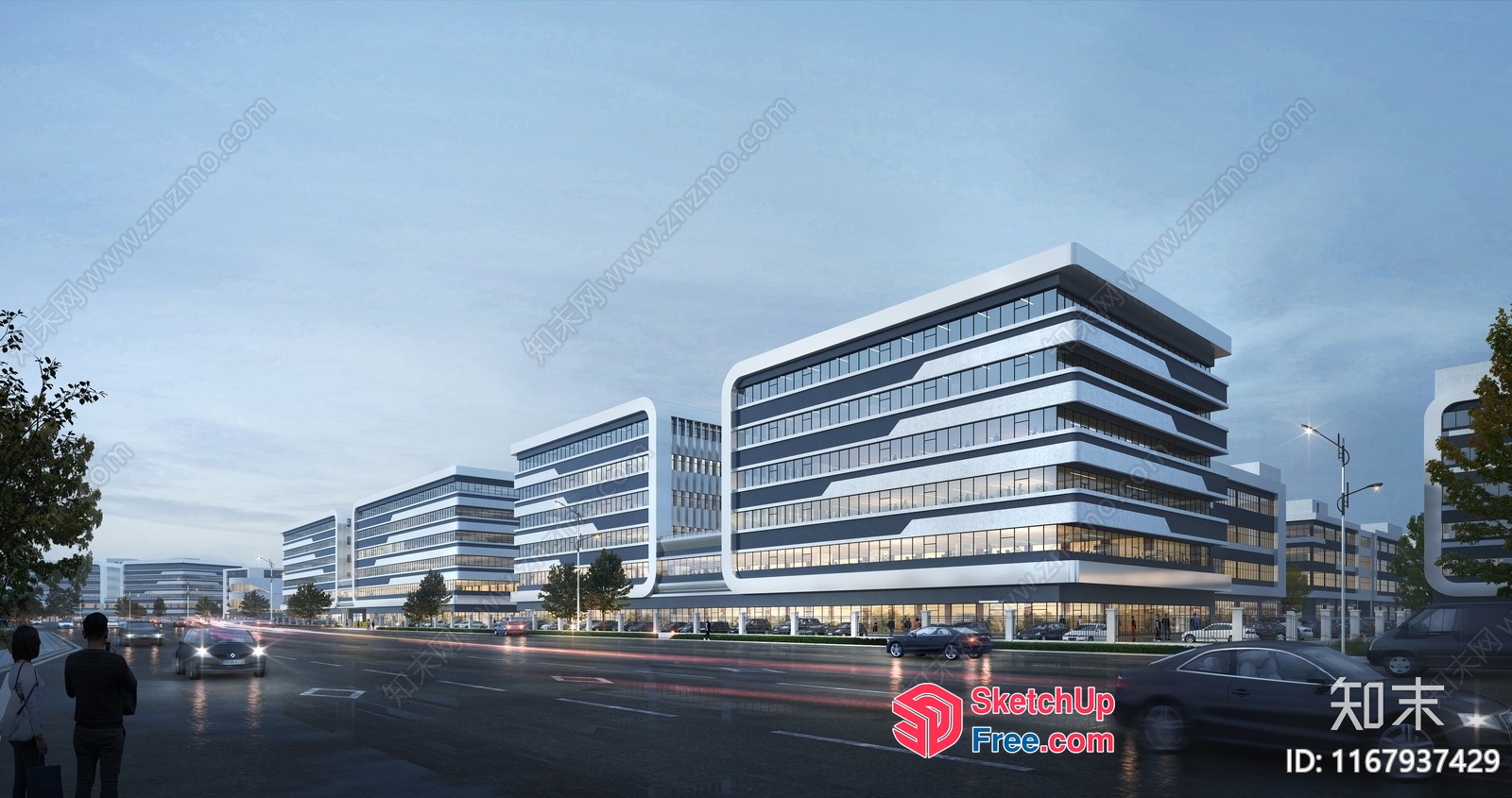 Modern Office Building Exterior With Glass Curtain Wall And Street View 3D SketchUp File