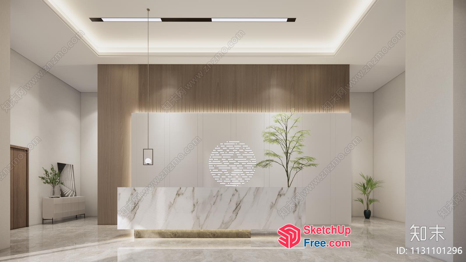 Modern Office Interior With Marble Reception Desk And Plants 3D SketchUp File