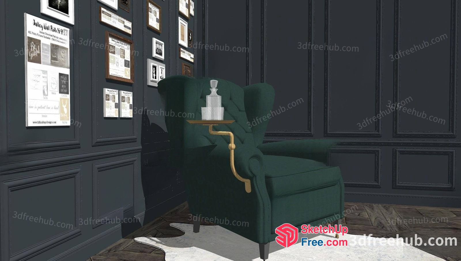 Classic Dark Green Wingback Chair In A Vintage-Style Room 3D SketchUp File