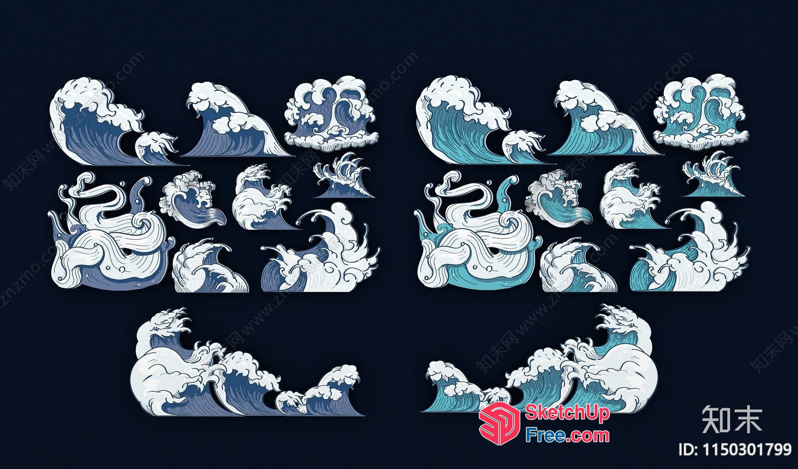 Japanese Style Ocean Waves Illustration Set 3D SketchUp File