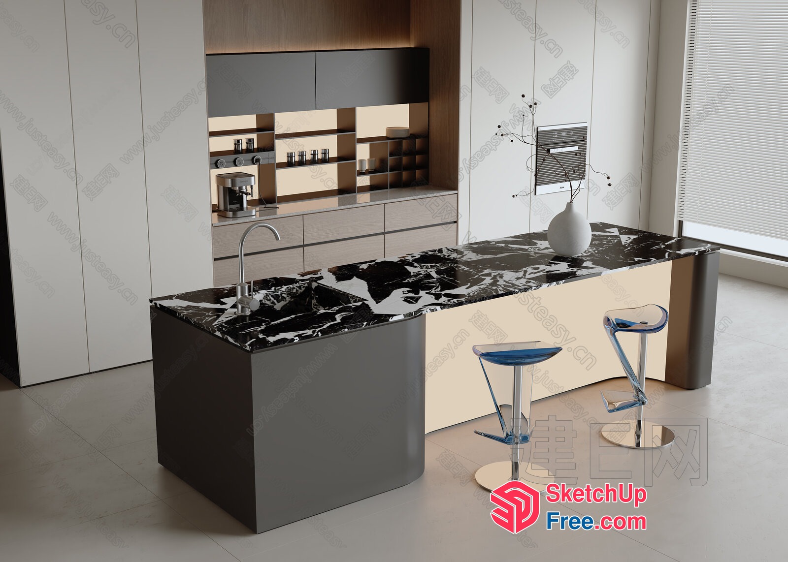 Modern Kitchen Island With Marble Countertop 3D SketchUp File