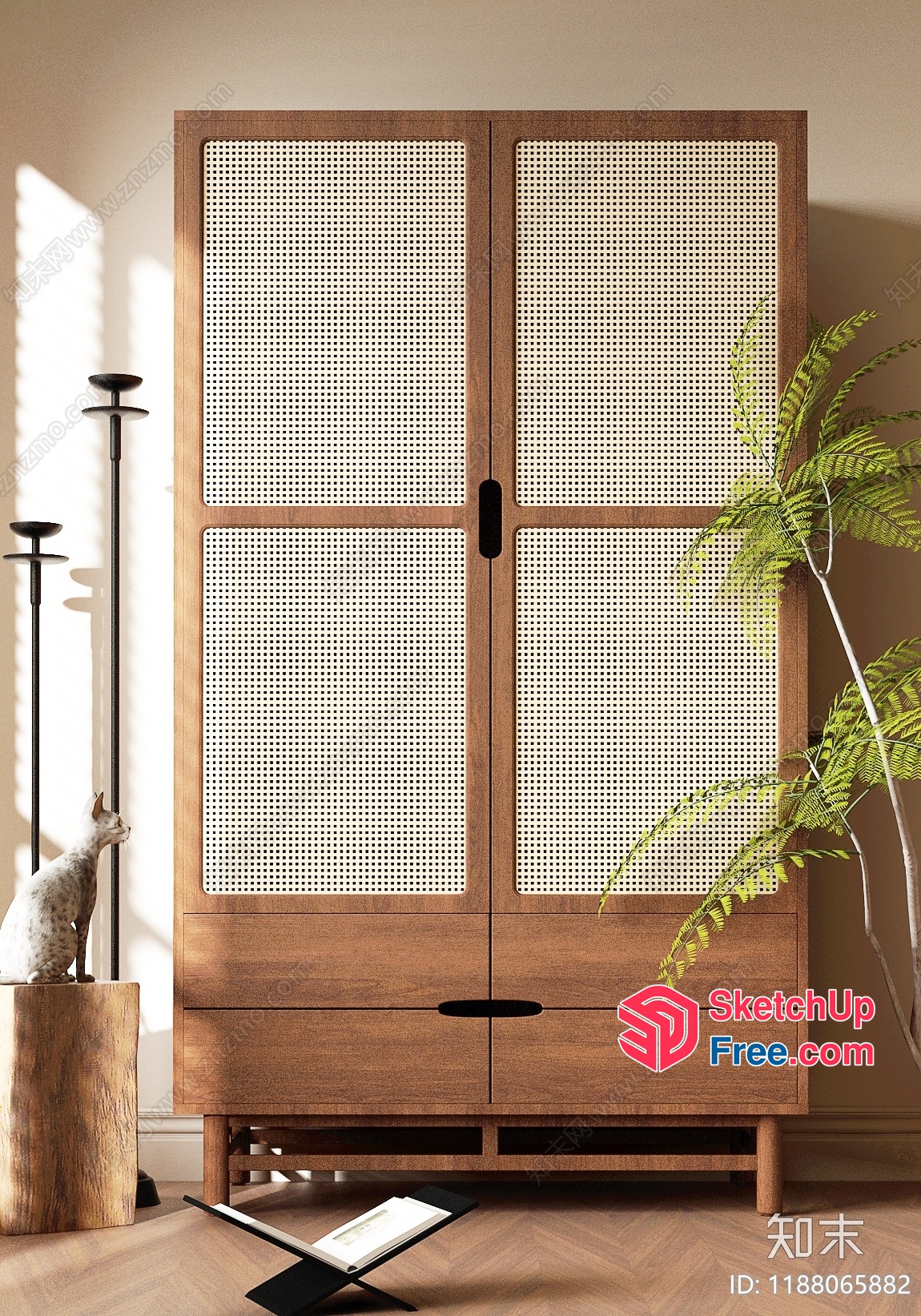 Modern Wooden Cabinet With Rattan Doors And Drawers 3D SketchUp File