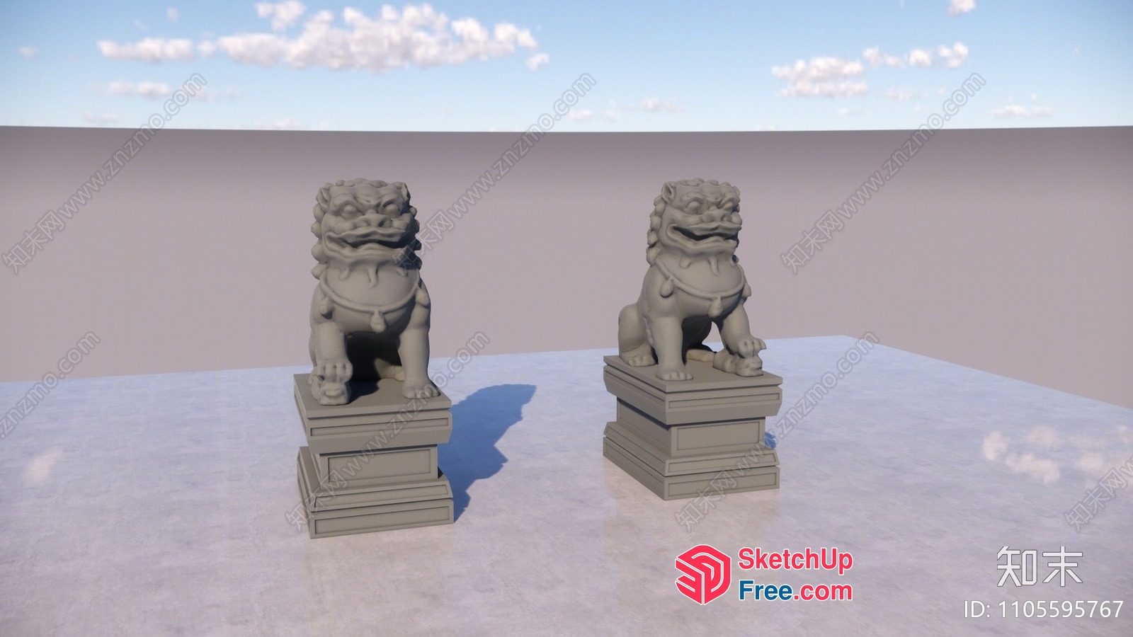 Two Stone Lions On Square Pedestals 3D SketchUp File