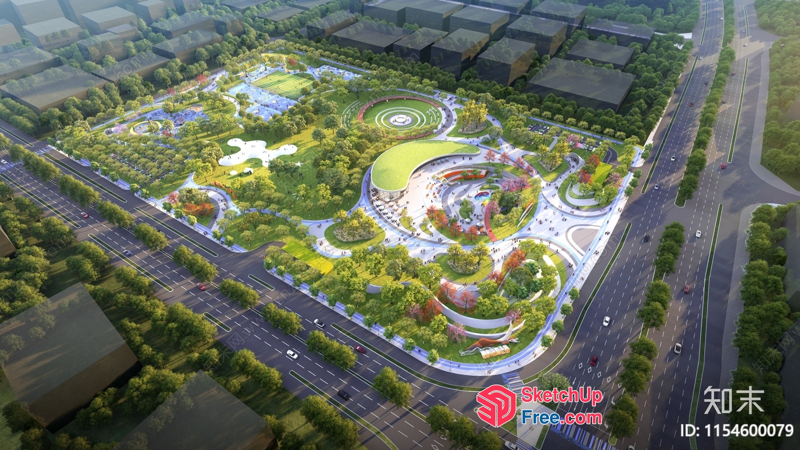 Modern Park With Unique Architecture And Green Spaces 3D SketchUp File