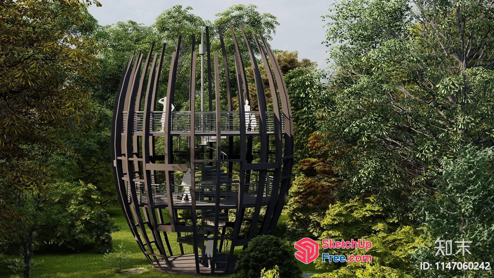 Futuristic Treehouse With Spiral Staircase And Balconies 3D SketchUp File