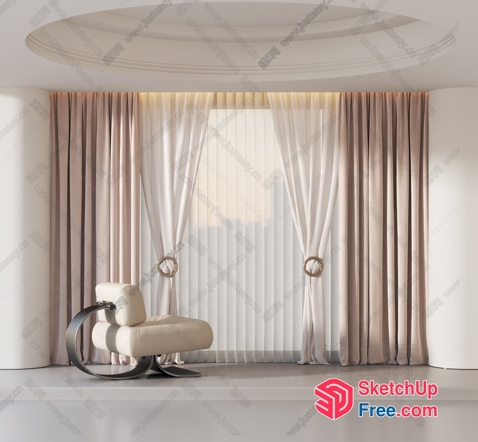 Modern Interior Room With Sleek White Chair And Floor-To-Ceiling Curtains 3D SketchUp File