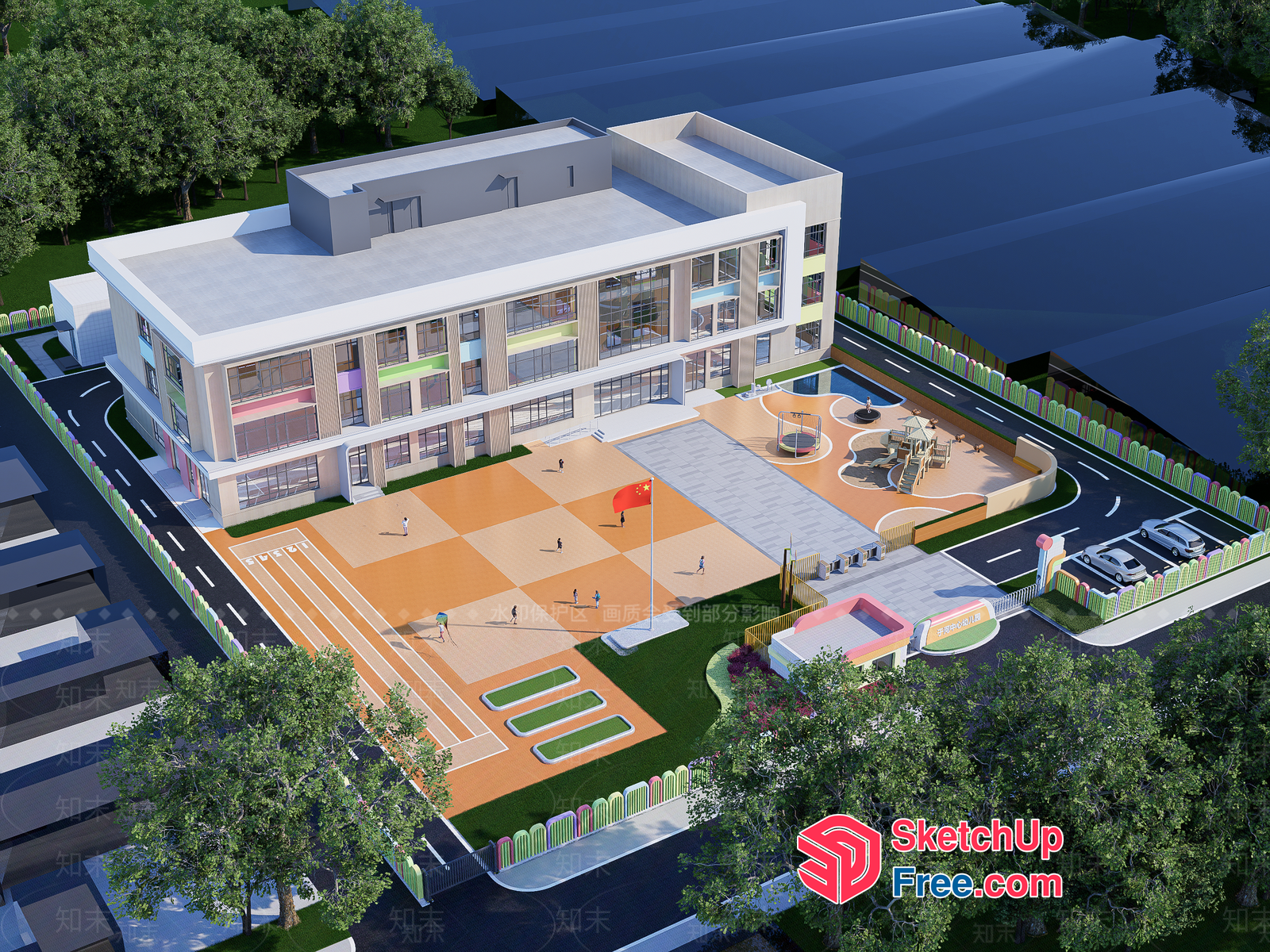 Modern 3D Rendering Of A Large Building With A Playground 3D SketchUp File