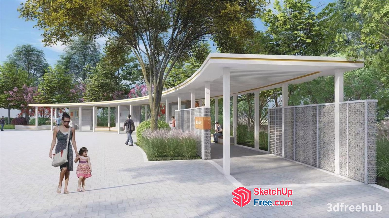 Modern Outdoor Pavillion With Family And Trees 3D SketchUp File