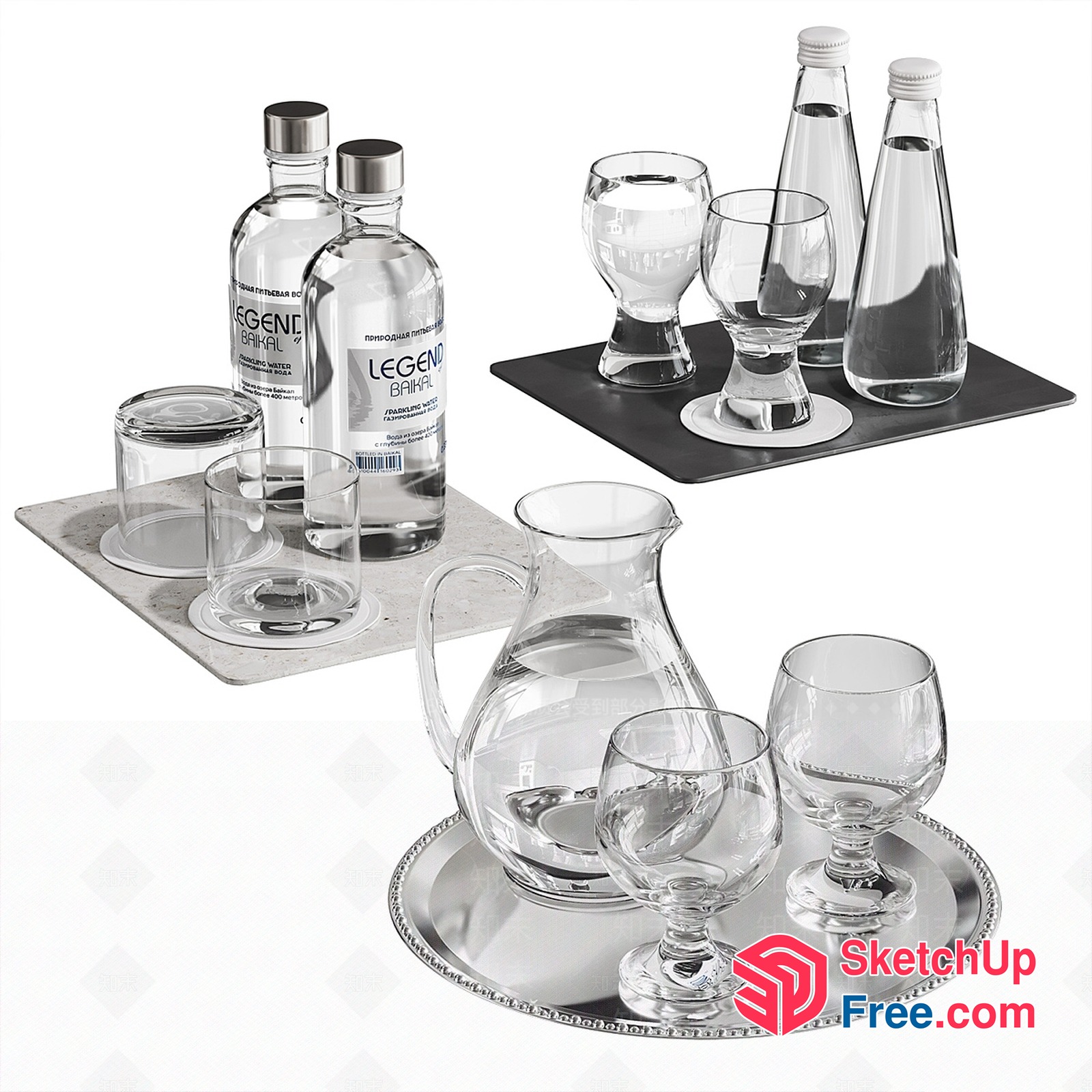 Elegant Glassware And Bottles On Stylish Trays 3D SketchUp File