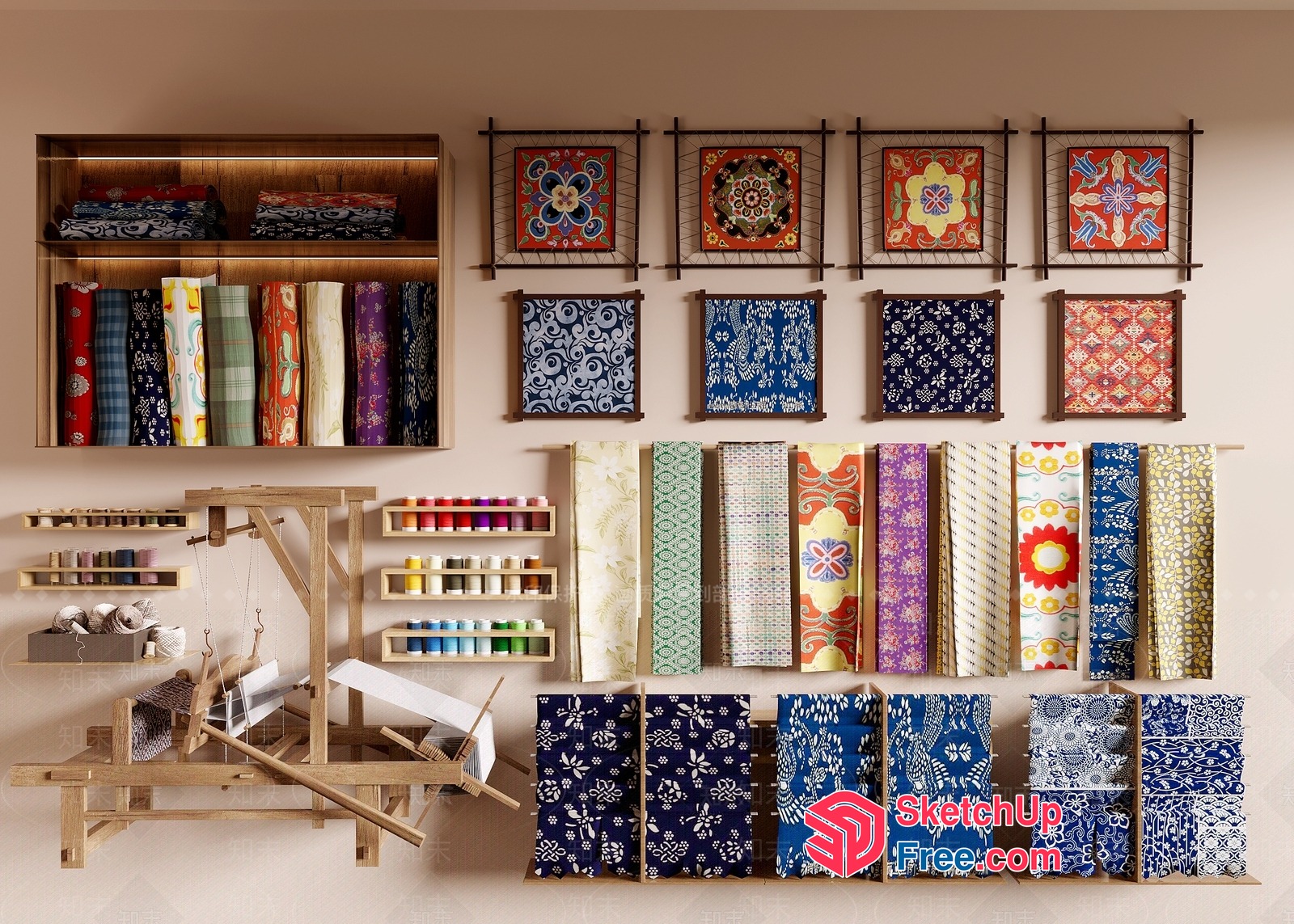 Colorful Textiles And Decorative Items Displayed On A Wall 3D SketchUp File