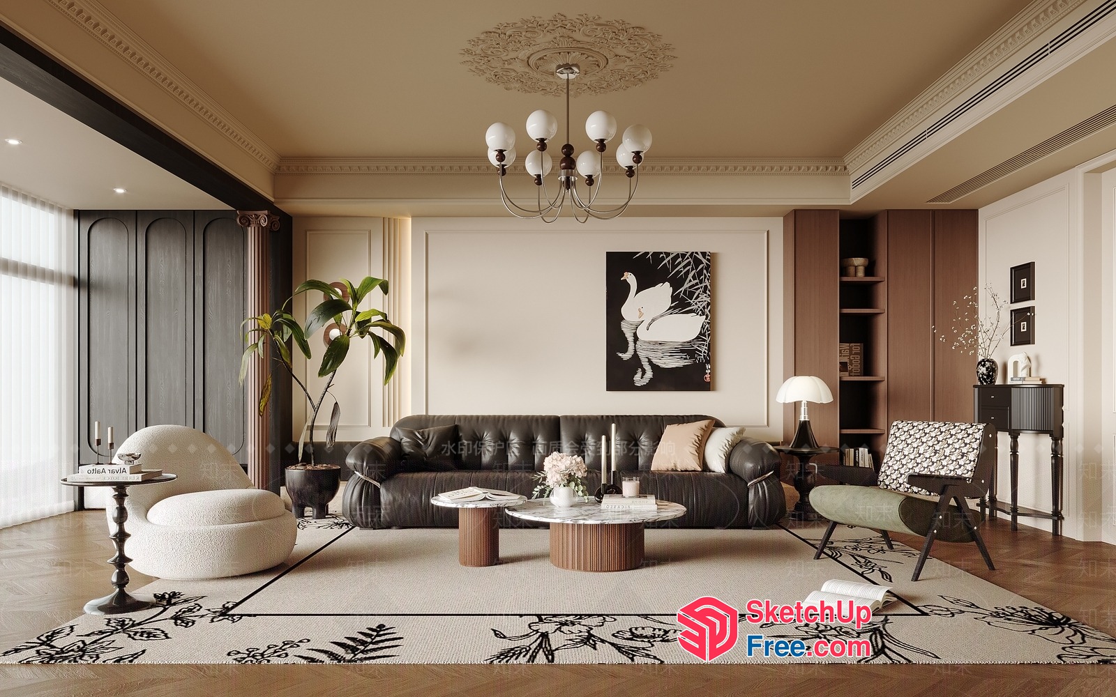 Luxurious Living Room With Dark Leather Sofa And Ornate Chandelier 3D SketchUp File