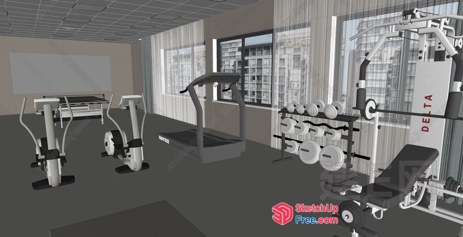 Modern Gym Interior With Equipment And City View 3D SketchUp File
