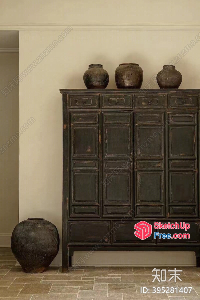 Distressed Black Wood Cabinet With Antique Vases 3D SketchUp File