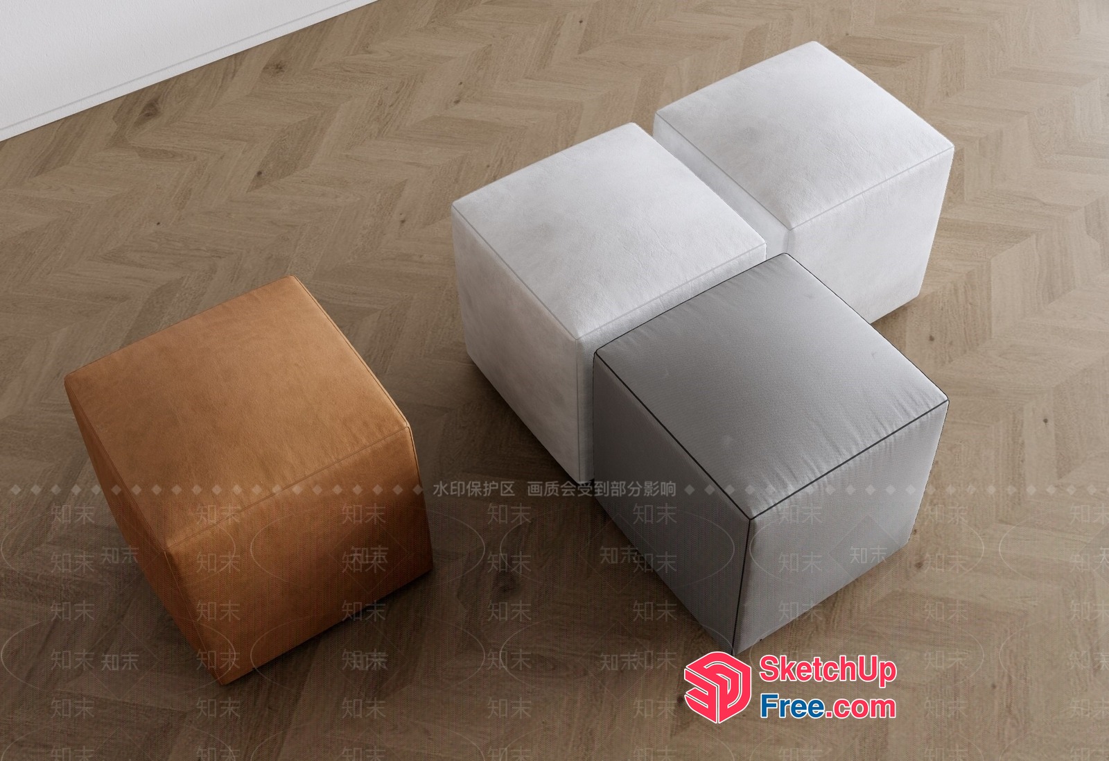 Minimalist Cube-Shaped Stools In Neutral Colors 3D SketchUp File