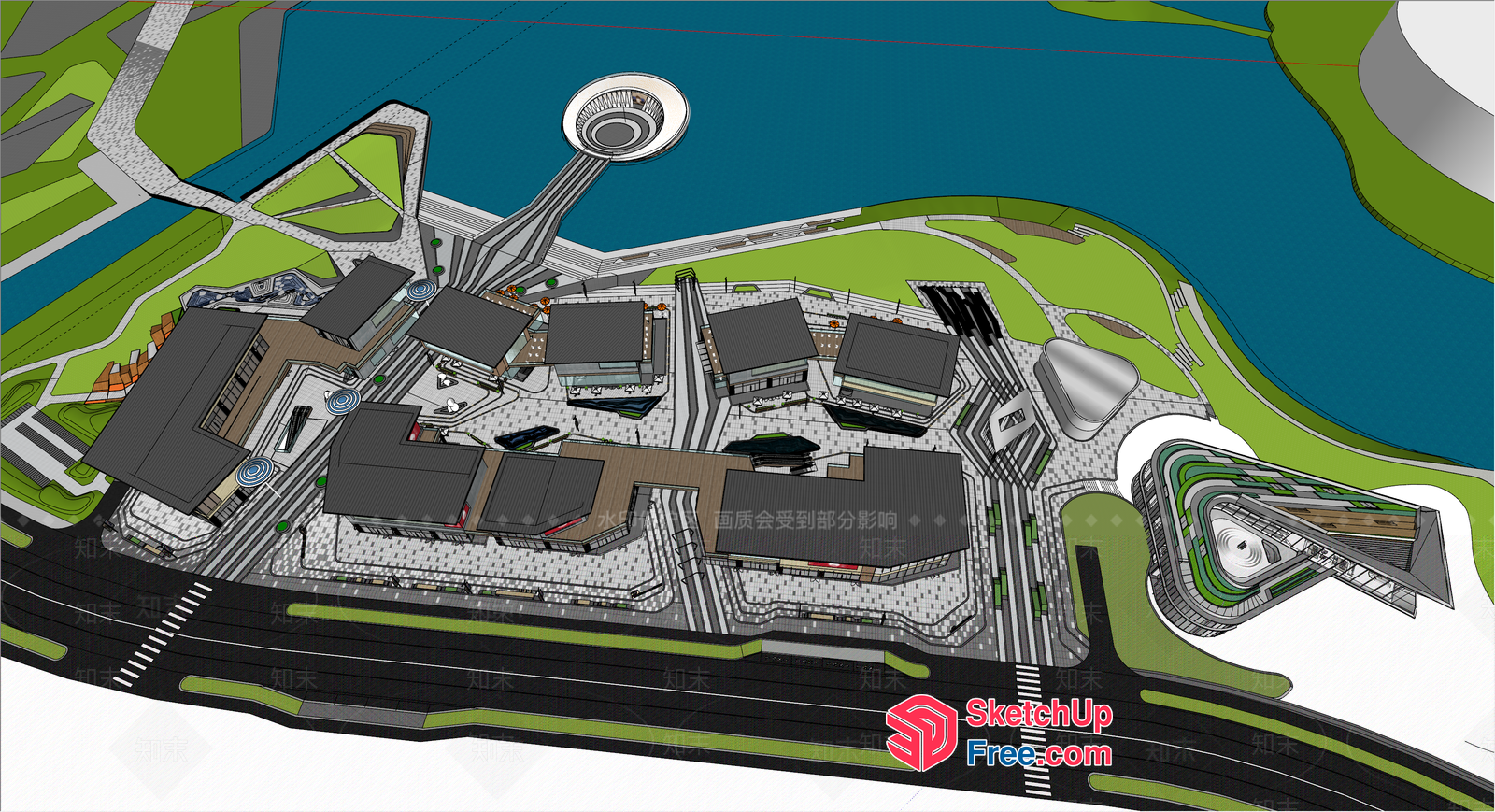 Modern Commercial Street Design With Industrial Park And Night Market 3D SketchUp File