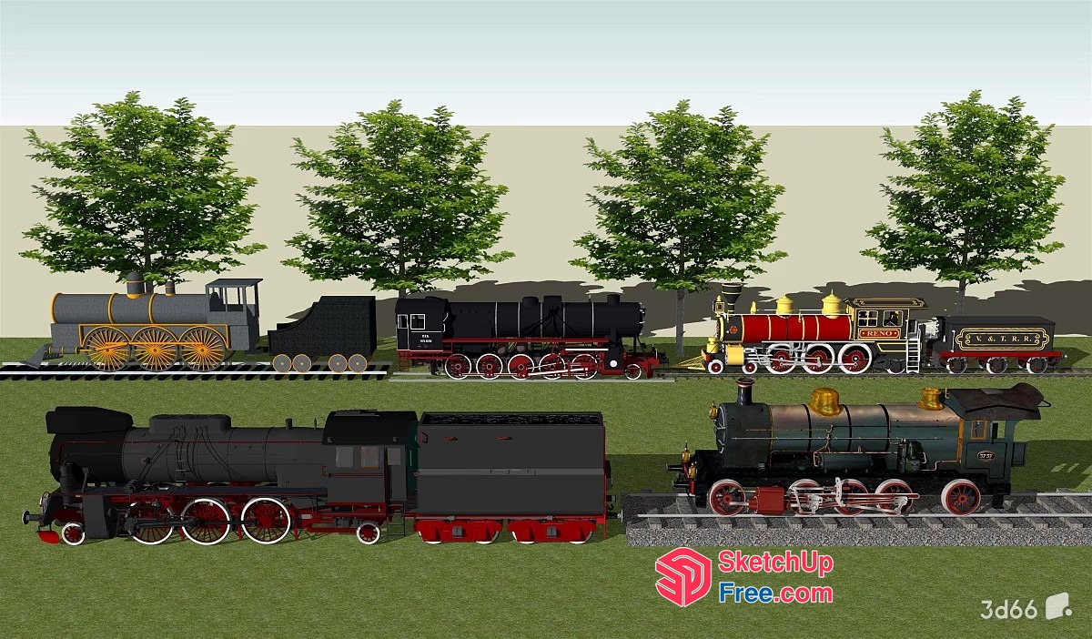 Trains Parked On A Grassy Field 3D SketchUp File