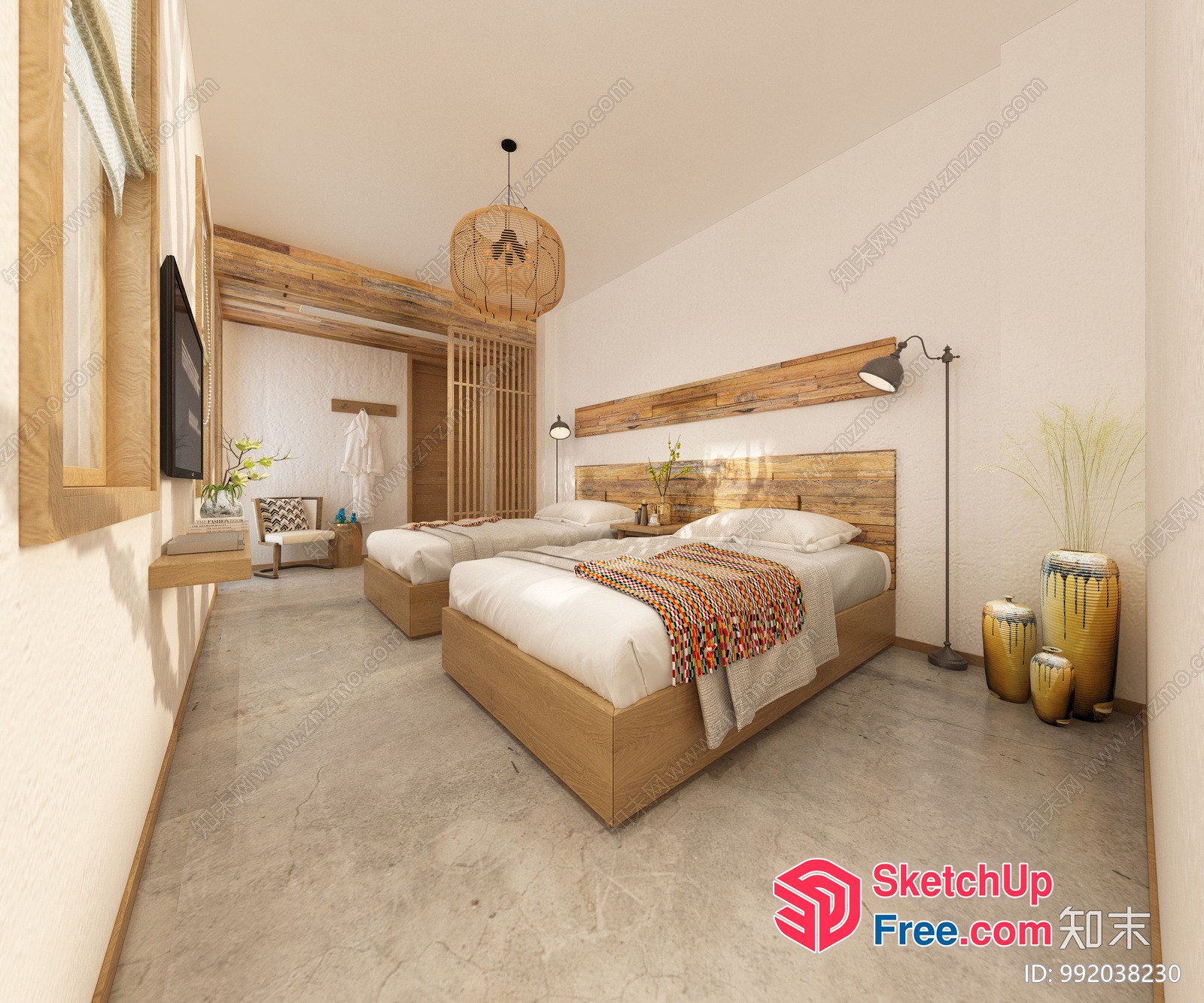 Modern Japanese-Style Bedroom With Two Beds And Natural Decor 3D SketchUp File