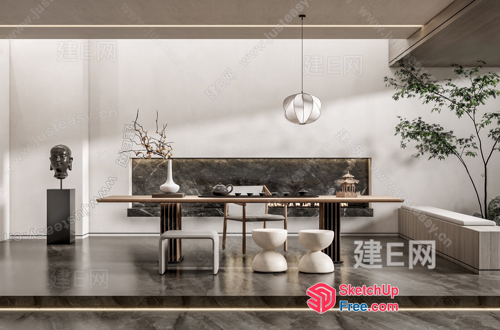 Elegant Modern Japanese Style Dining Room With Minimalist Decor 3D SketchUp File