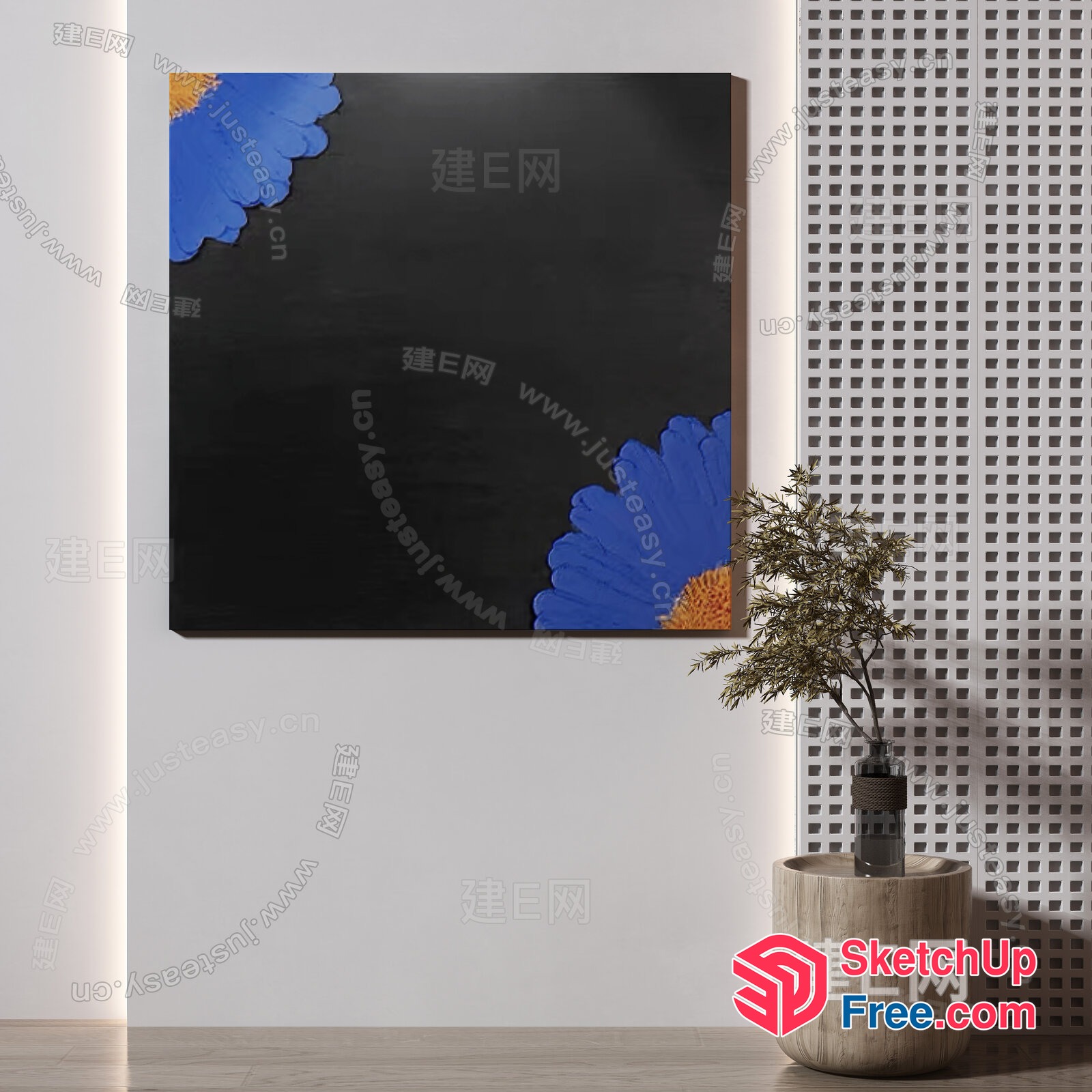 Modern Artwork With Blue Flowers On Black Background 3D SketchUp File