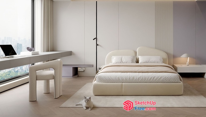 Modern Minimalist Creamy Style Bedroom Interior 3D SketchUp File