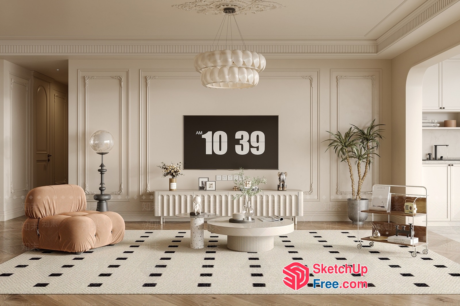 Elegant Living Room With Creamy Style And Classic Moulding 3D SketchUp File