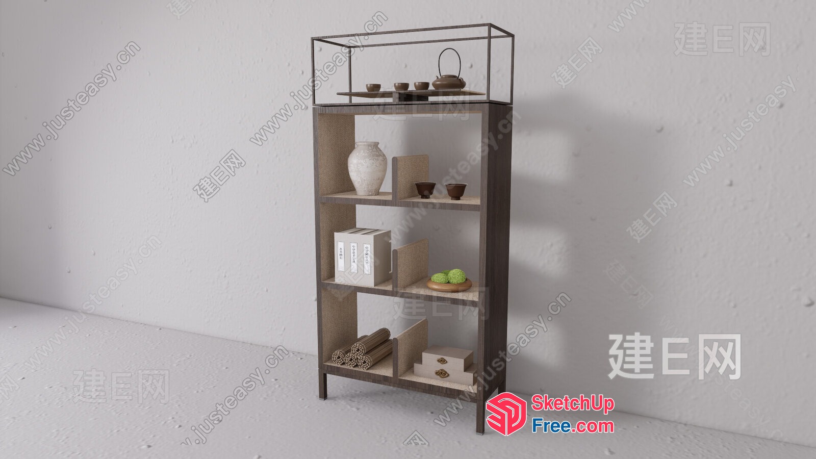 Wooden Shelf With Glass Top And Decorative Items 3D SketchUp File