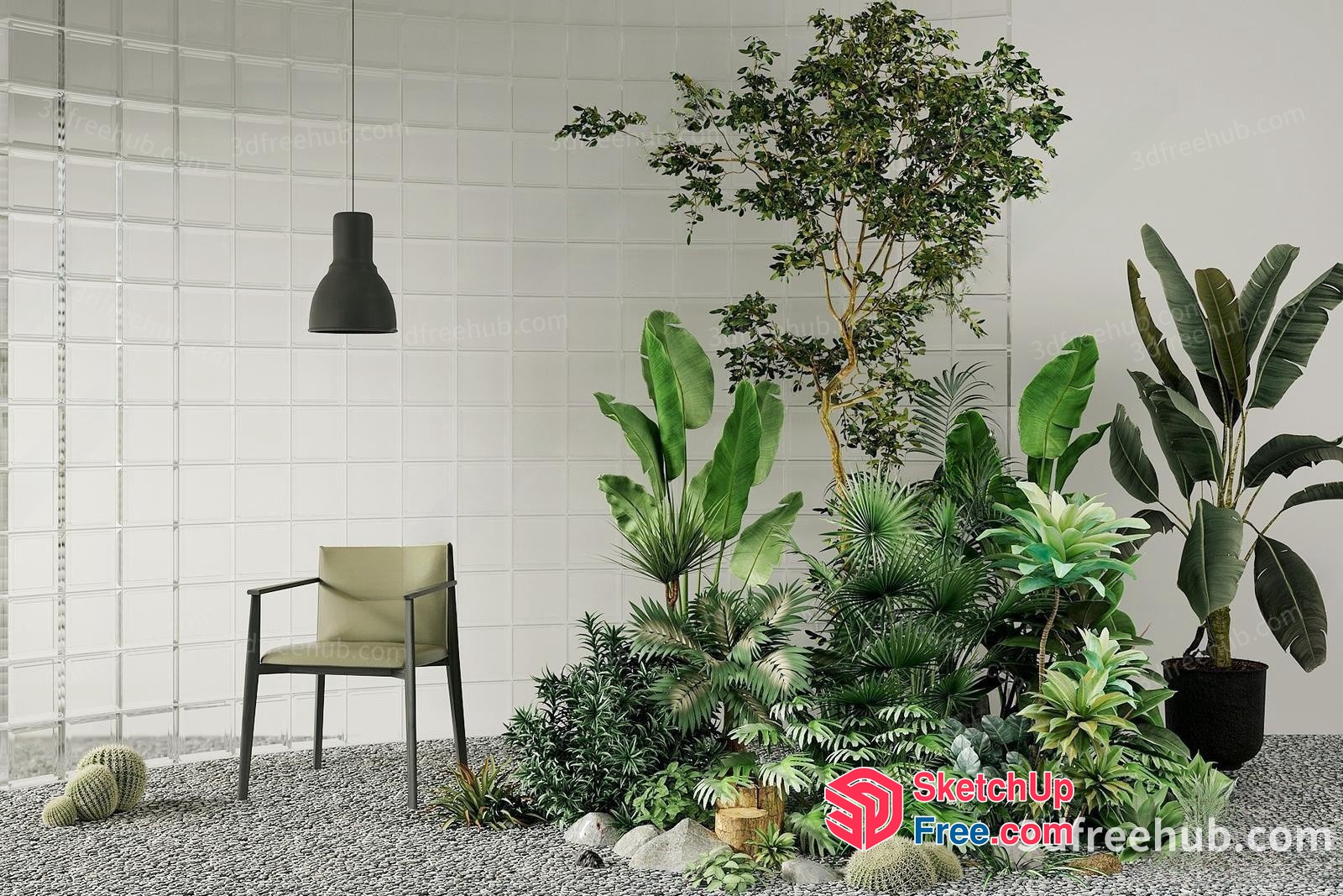 Elegant Glass Brick Wall And Lush Greenery 3D SketchUp File
