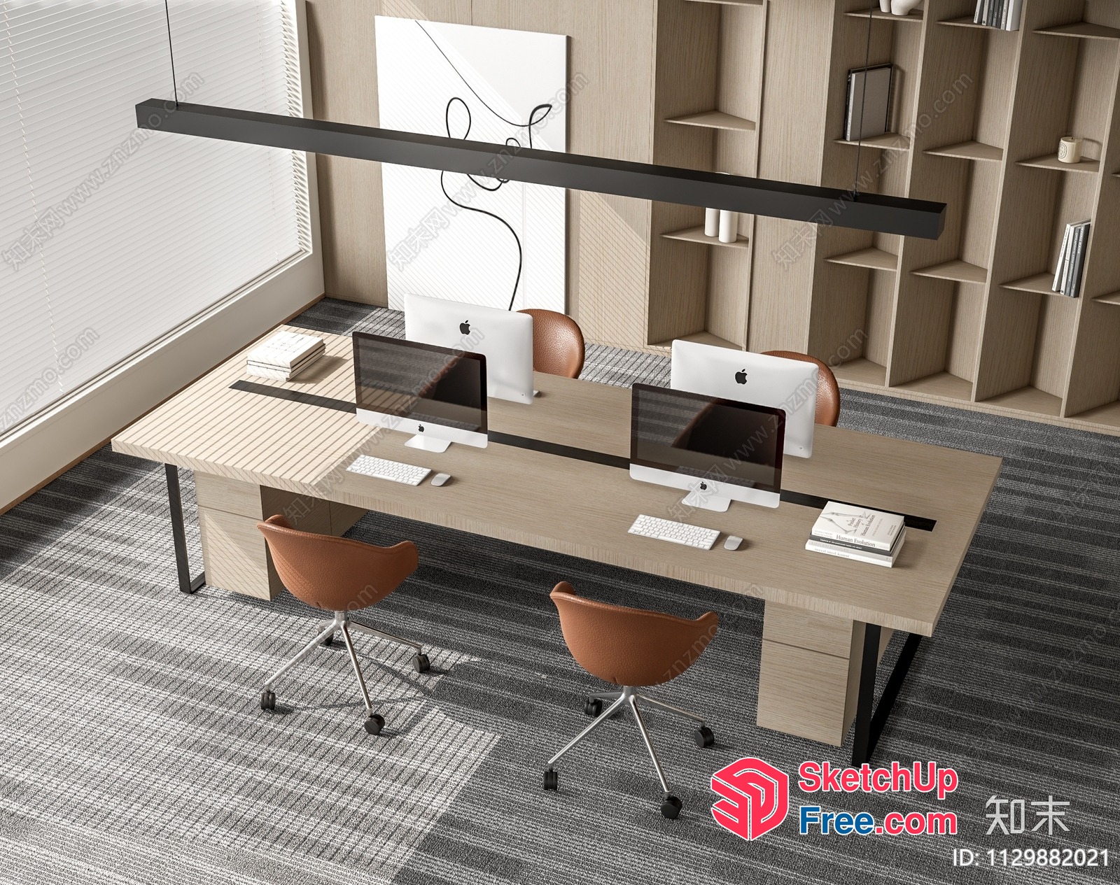 Modern Minimalist Office Workspace With Wooden Furniture 3D SketchUp File