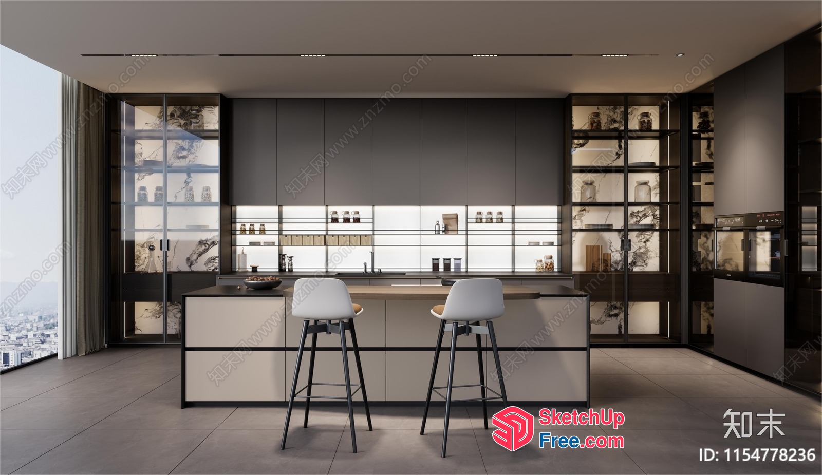 Modern Kitchen With Sleek Bar Stools And Stylish Cabinets 3D SketchUp File