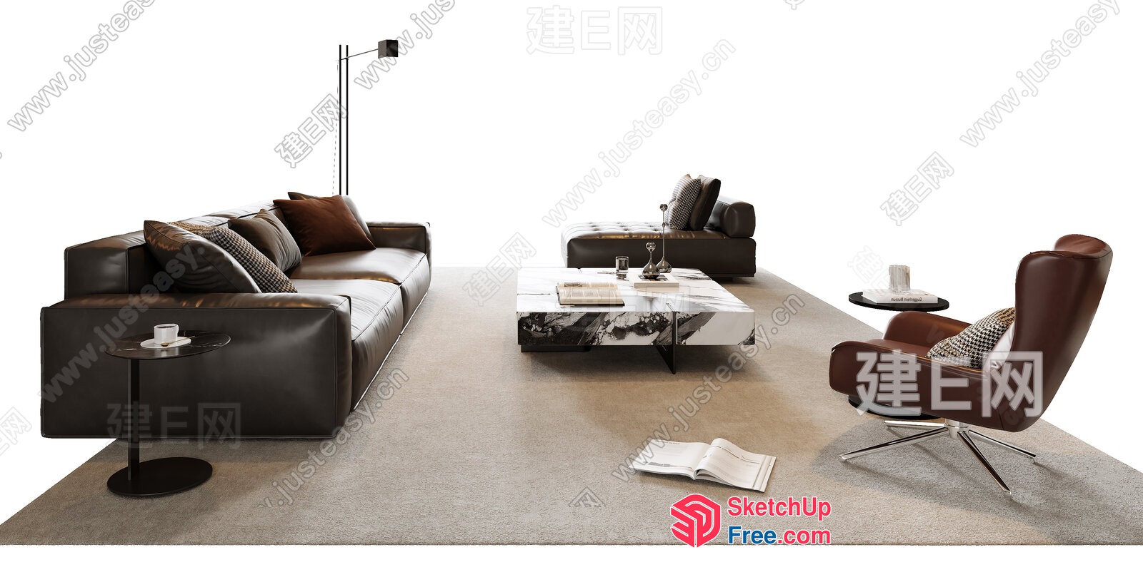 Modern Minimalist Living Room With Brown Leather Furniture And Marble Coffee Table 3D SketchUp File