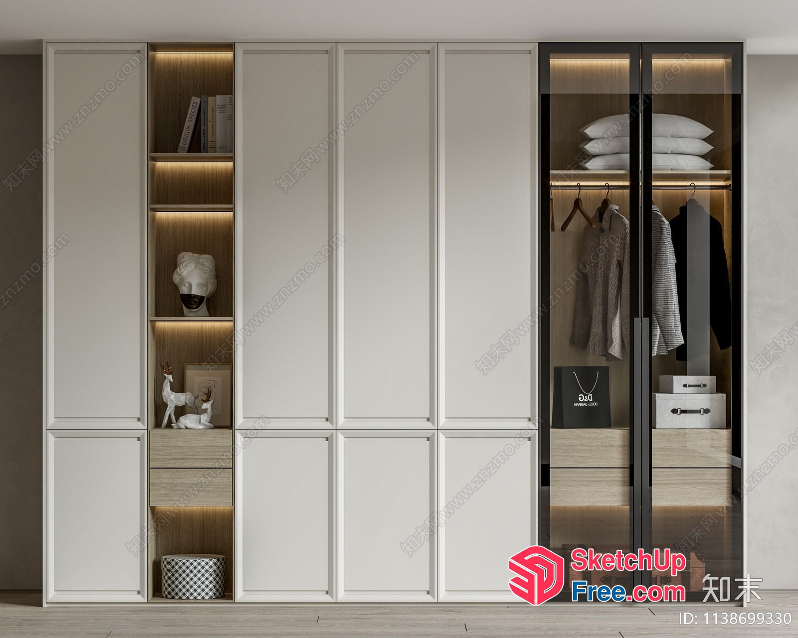 Modern Wardrobe With Glass Doors And Wooden Shelves 3D SketchUp File