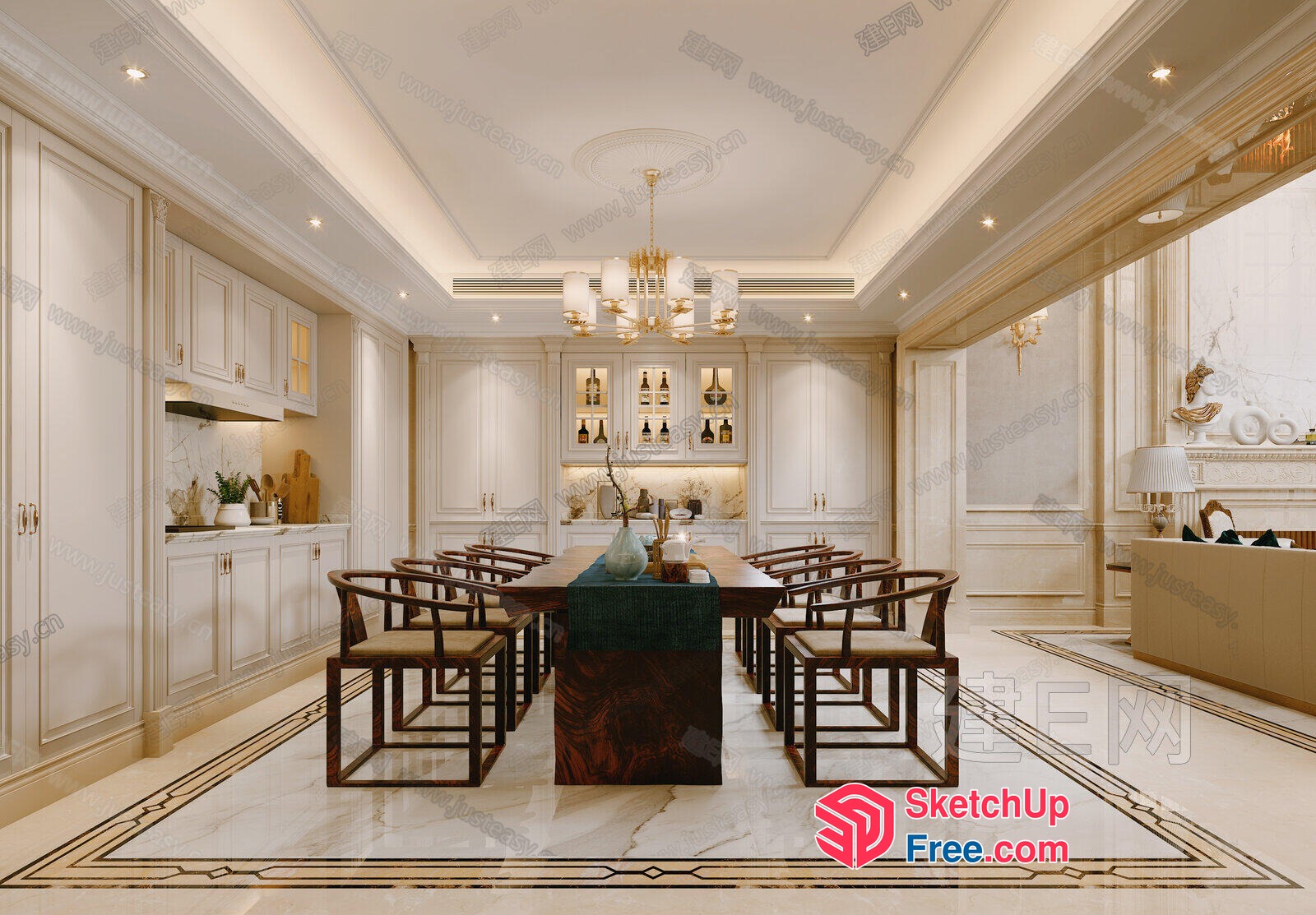 Elegant Creamy Style Dining Room With Marble Flooring 3D SketchUp File