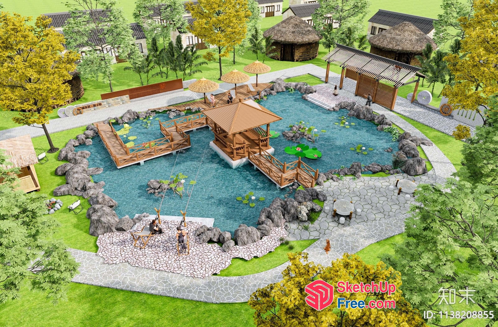 Serene Oasis With Wooden Accents And Lush Greenery 3D SketchUp File