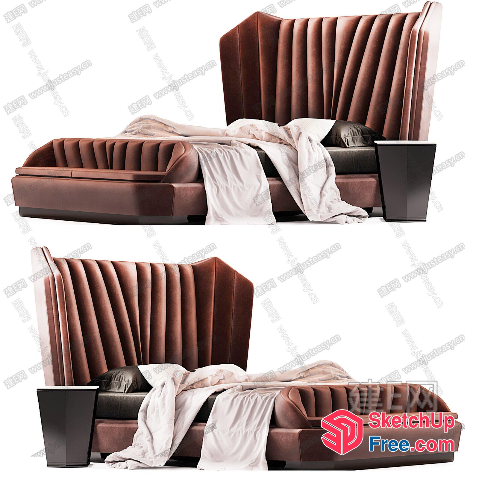 Luxurious Brown Leather Bed With High Backrest And Side Table 3D SketchUp File