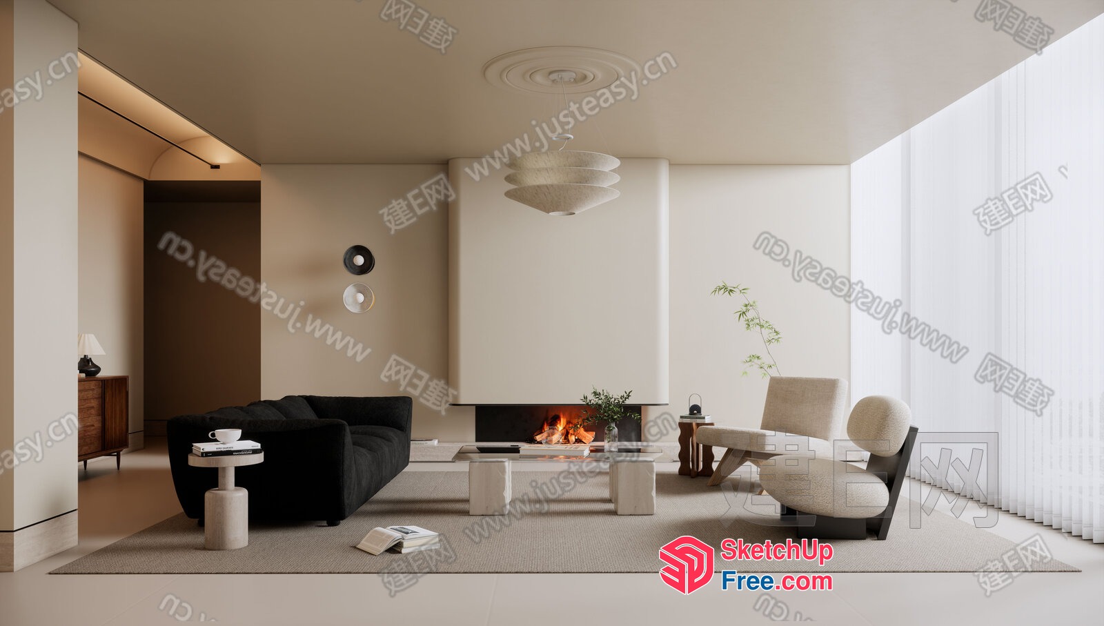 Minimalist Living Room With Fireplace And Modern Furniture 3D SketchUp File