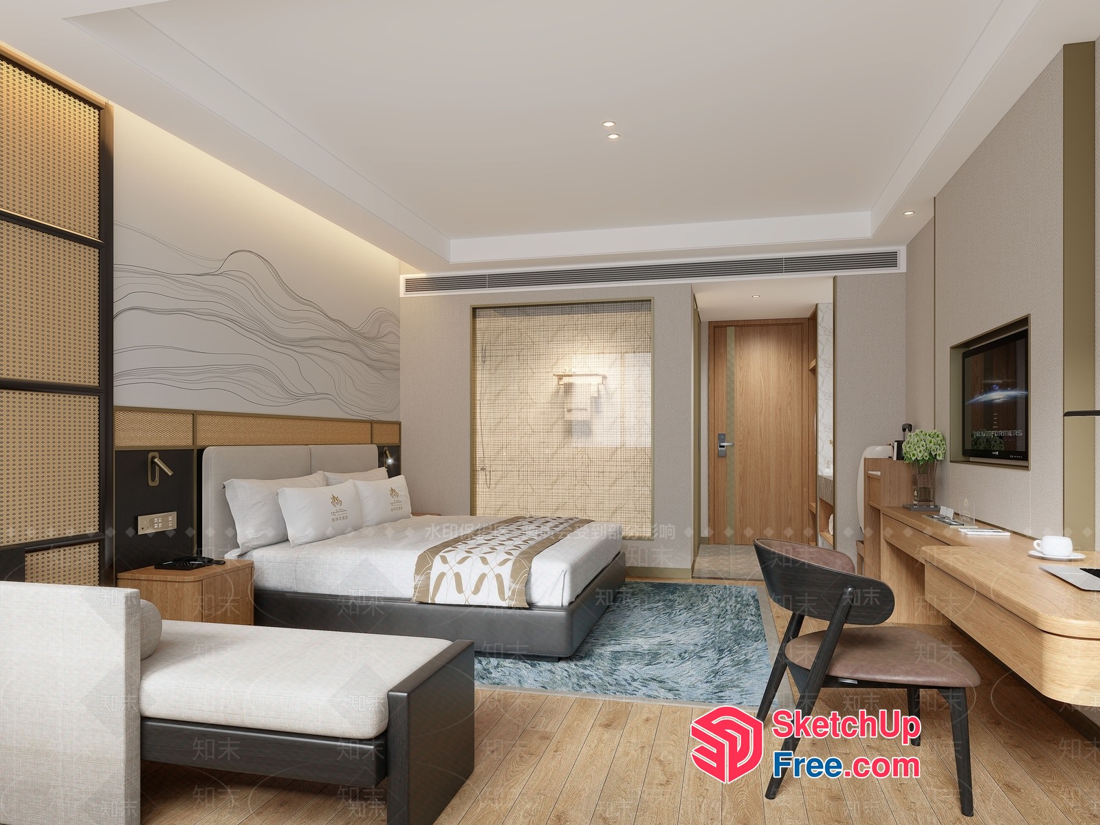 Modern Bedroom With Natural Wood Accents And White Furniture 3D SketchUp File
