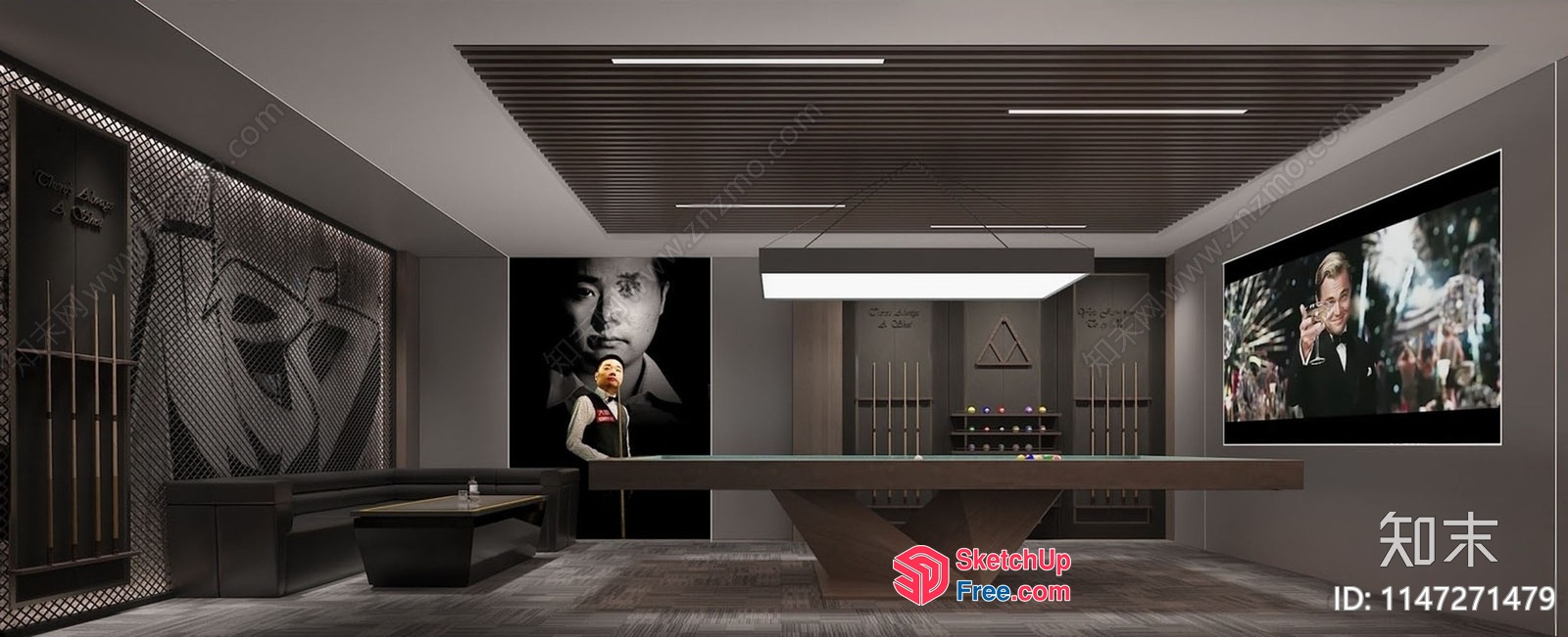 Modern Billiard Room With Unique Ceiling And Artwork 3D SketchUp File