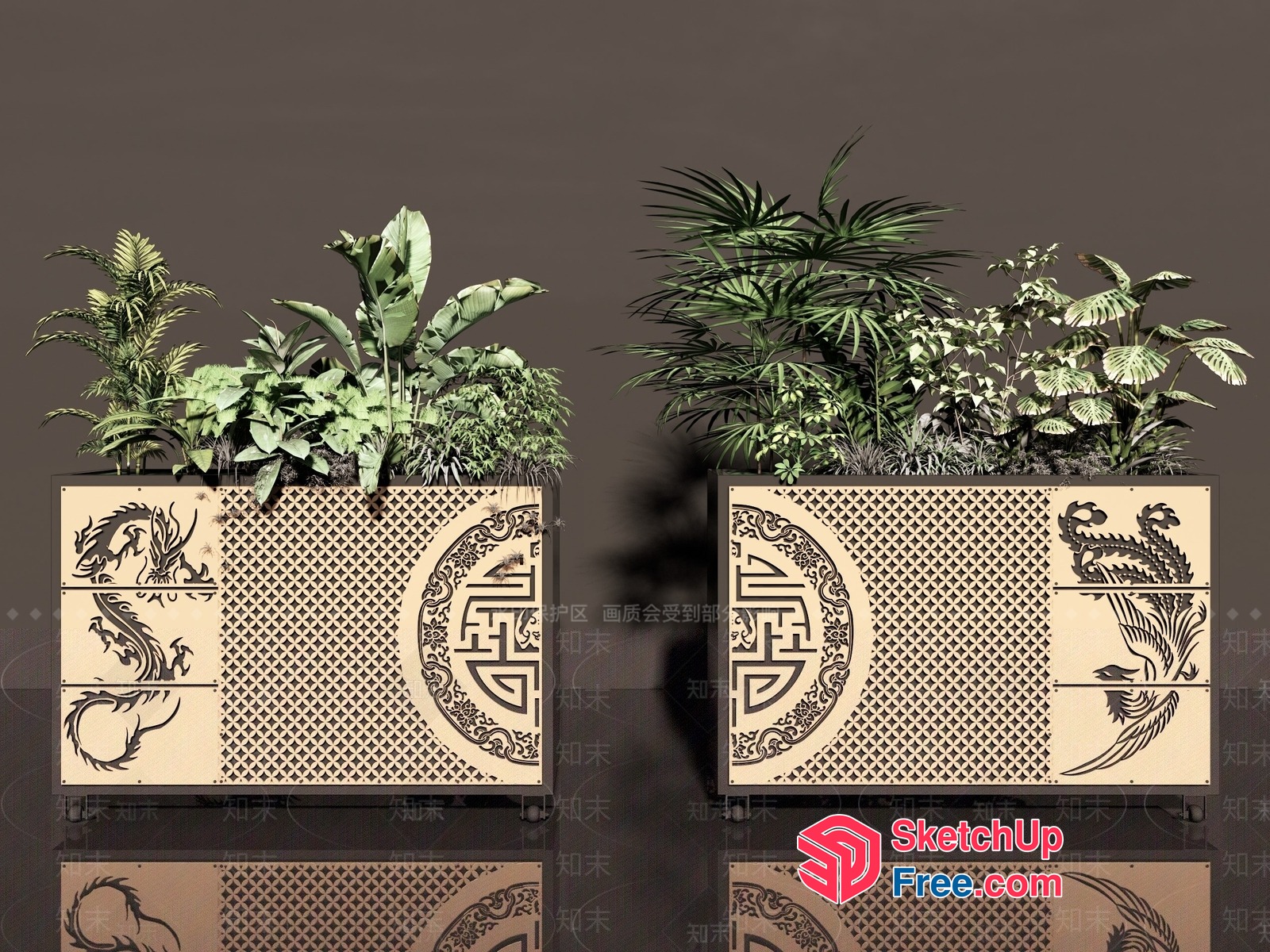 Exquisite Wood Carved Decorative Planter Boxes 3D SketchUp File