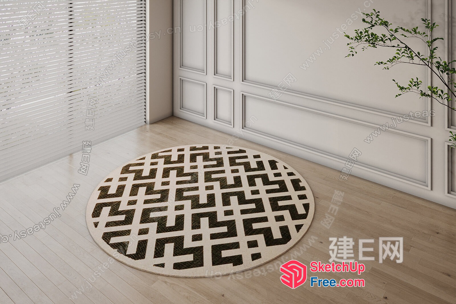 Elegant Black And White Geometric Patterned Round Rug 3D SketchUp File